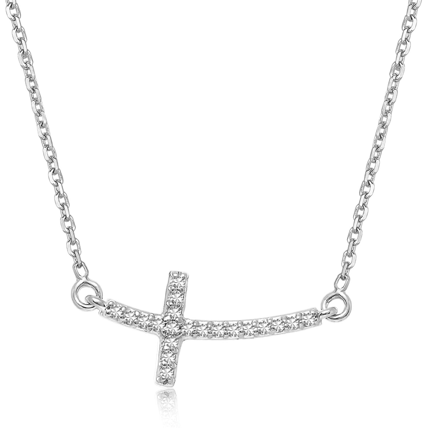 14k White Gold Curved Cross Diamond Studded Necklace (.11cttw) - GEMPARA