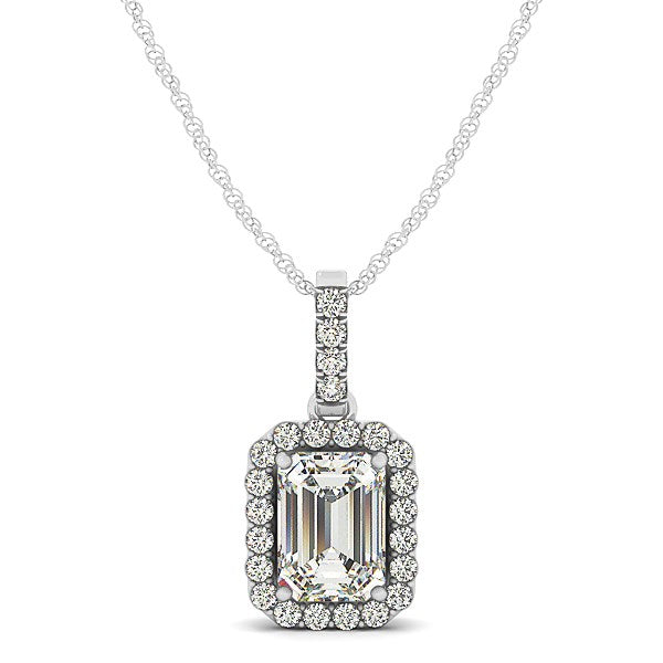 Halo Pendant With Emerald Center Diamond in 14k White Gold (1 1/5 cttw) - GEMPARA
