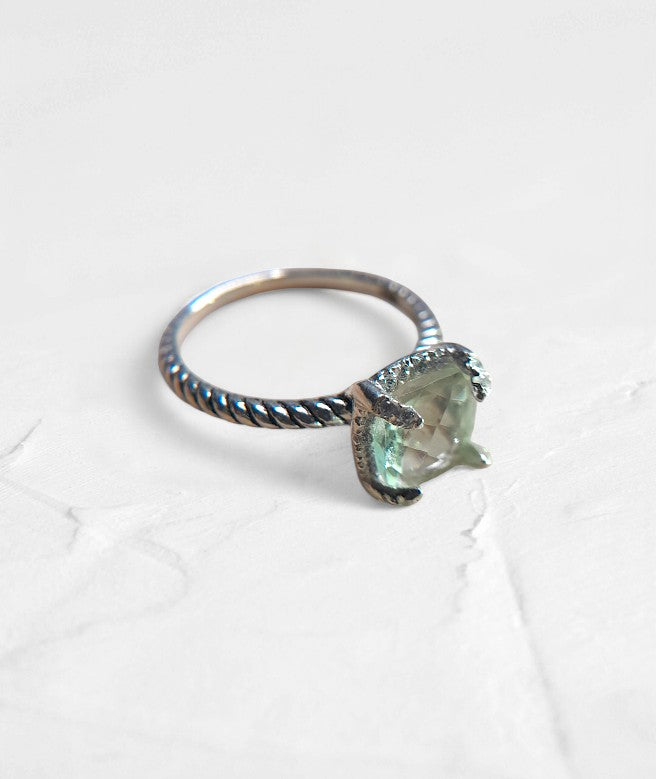 Green Amethyst Cushion cut Solitaire Ring with Moissanite - GEMPARA