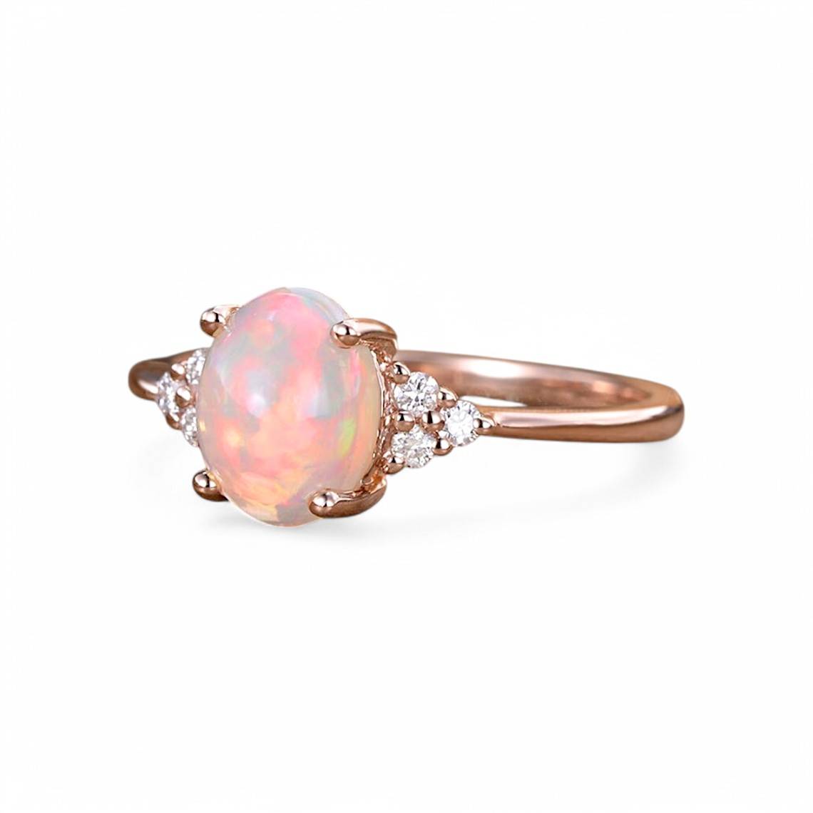 0.13CT Australian Oval Opal Moissanite Accent Ring - GEMPARA