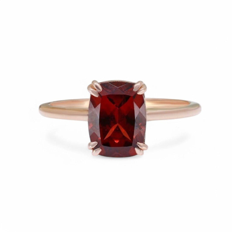 1.5CT Cushion Double Claw Solitaire Garnet Ring - GEMPARA