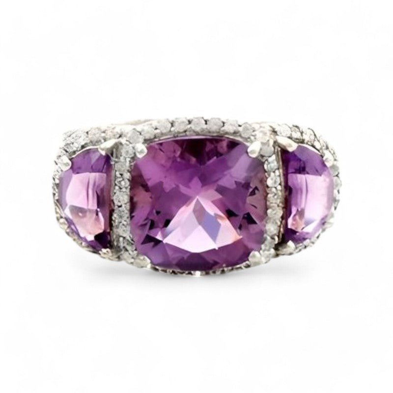 1CT Cushion Amethyst Three Stone Ring - GEMPARA