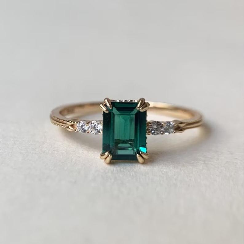 1CT Emerald - Cut Emerald Ring with Moissanites - GEMPARA