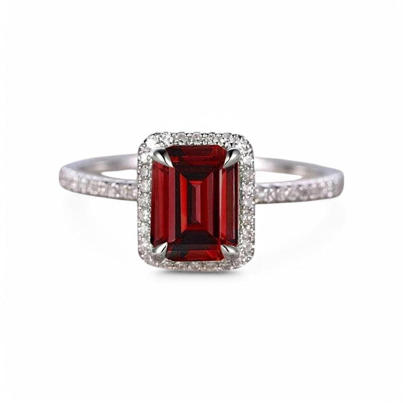 1CT Garnet & Moissanite Ring – Emerald Cut Natural Garnet - GEMPARA