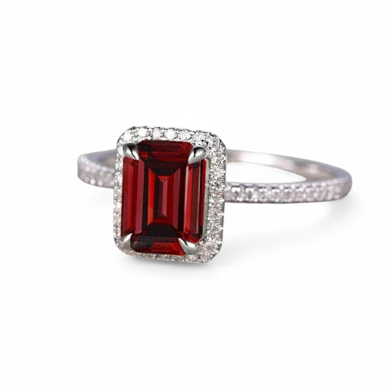 1CT Garnet & Moissanite Ring – Emerald Cut Natural Garnet - GEMPARA