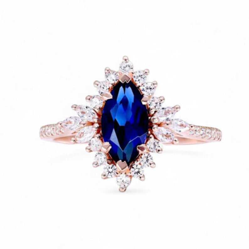 1CT Marquise cut Lab Sapphire Halo Ring - GEMPARA