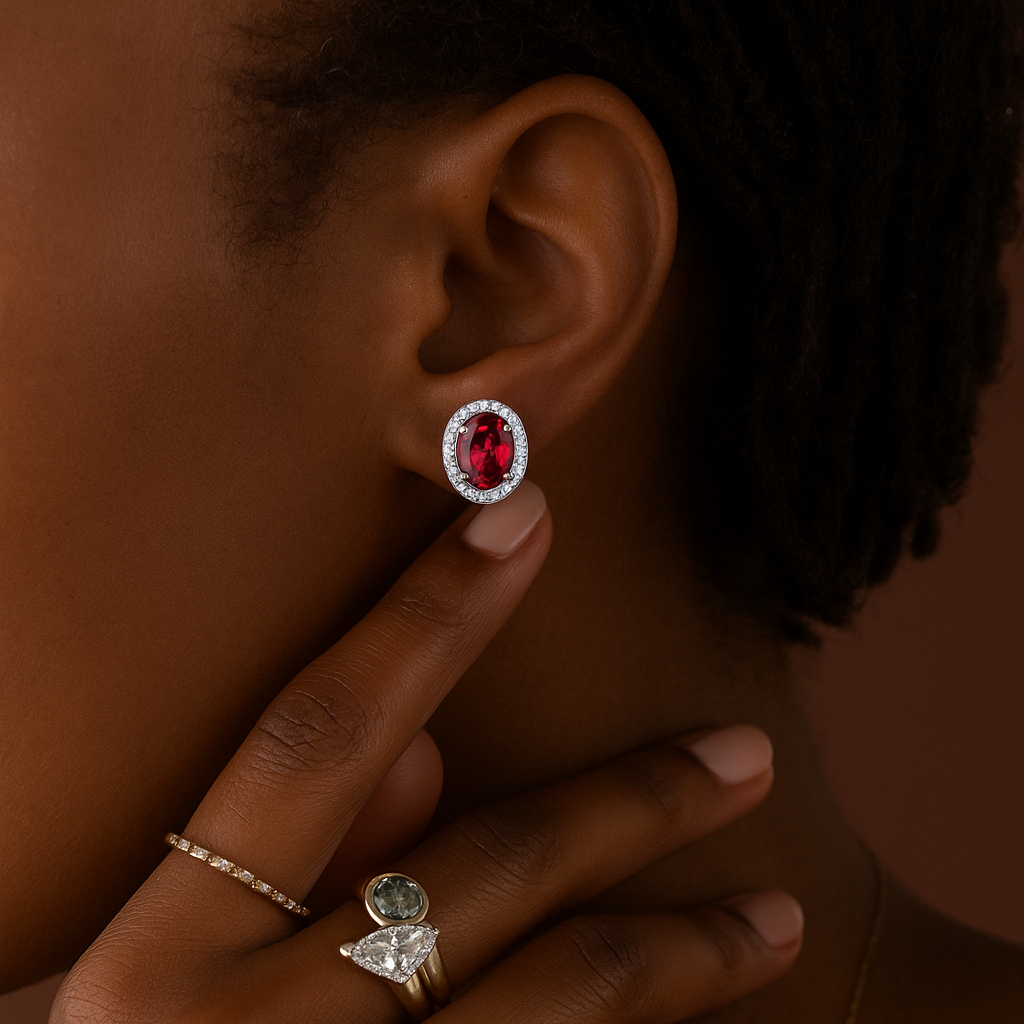 1.76CT Oval cut Lab Ruby Halo Studs - GEMPARA