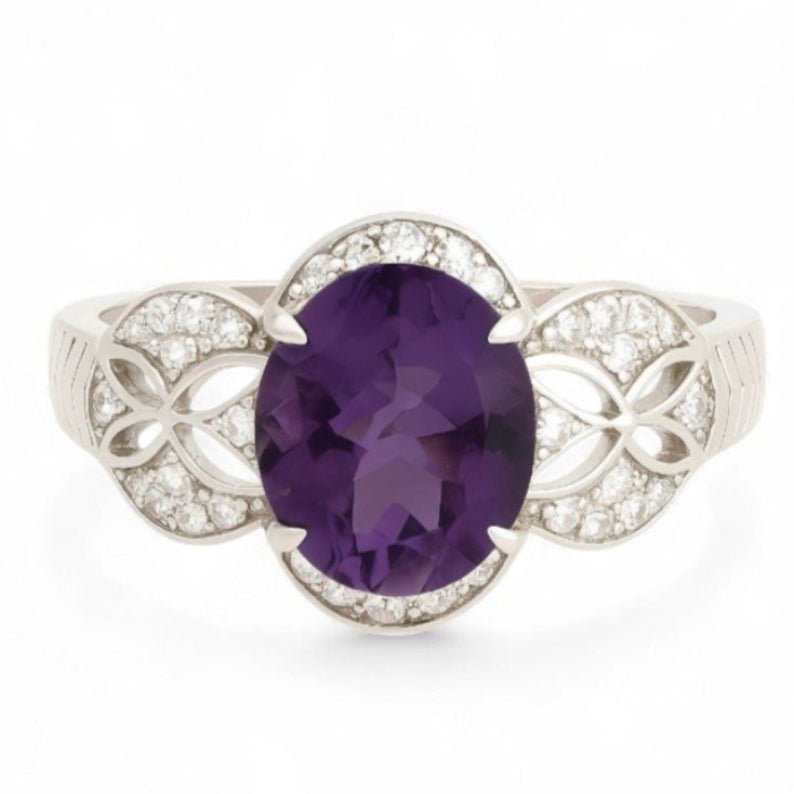 Silver 1 CT Amethyst Ring with Topaz Encrusted Shoulders - GEMPARA
