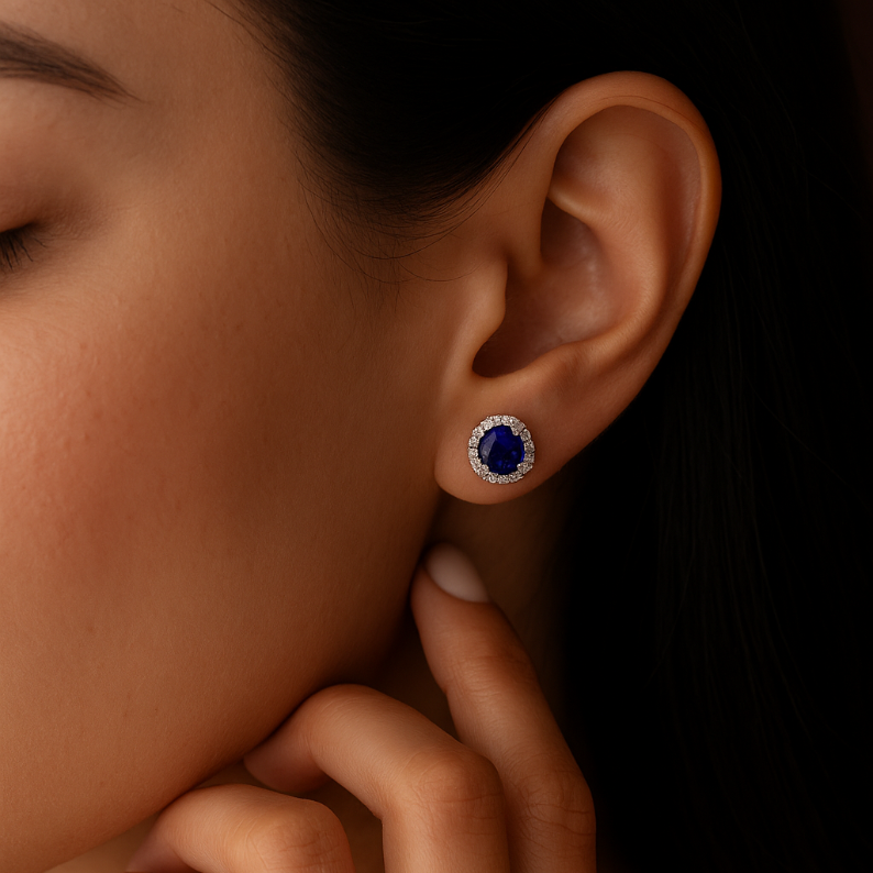 1.35CT Round Sapphire Halo Studs - GEMPARA