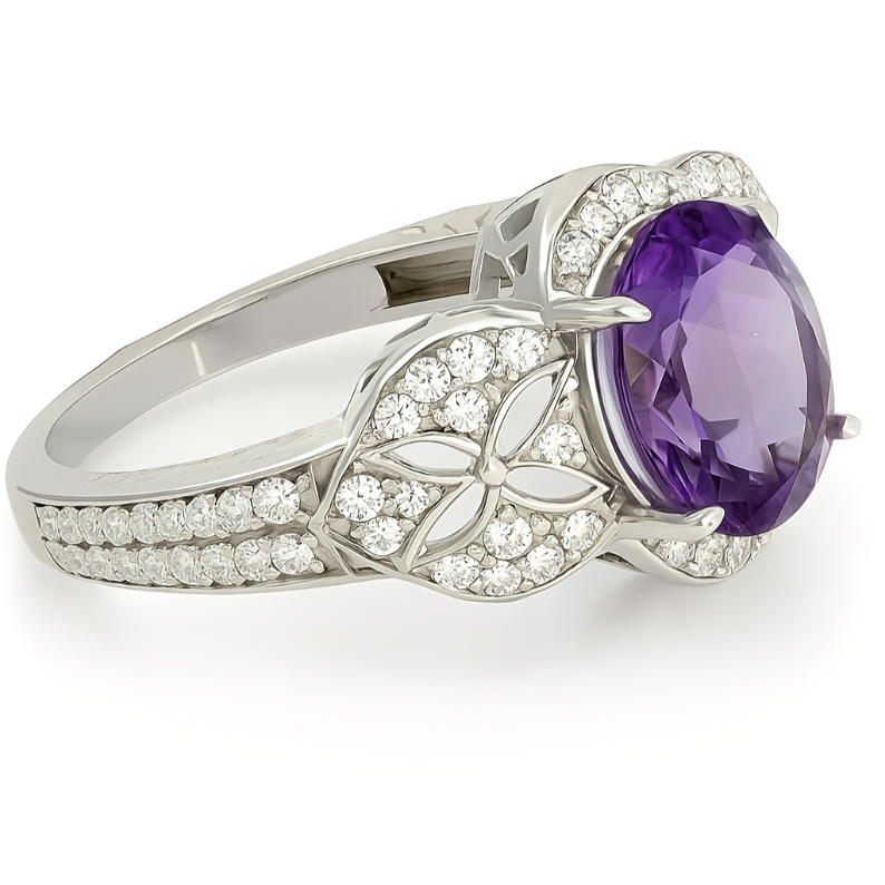 Silver 1 CT Amethyst Ring with Topaz Encrusted Shoulders - GEMPARA