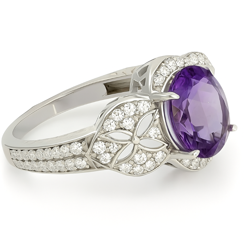 Silver 1 CT Amethyst Ring with Topaz Encrusted Shoulders - GEMPARA