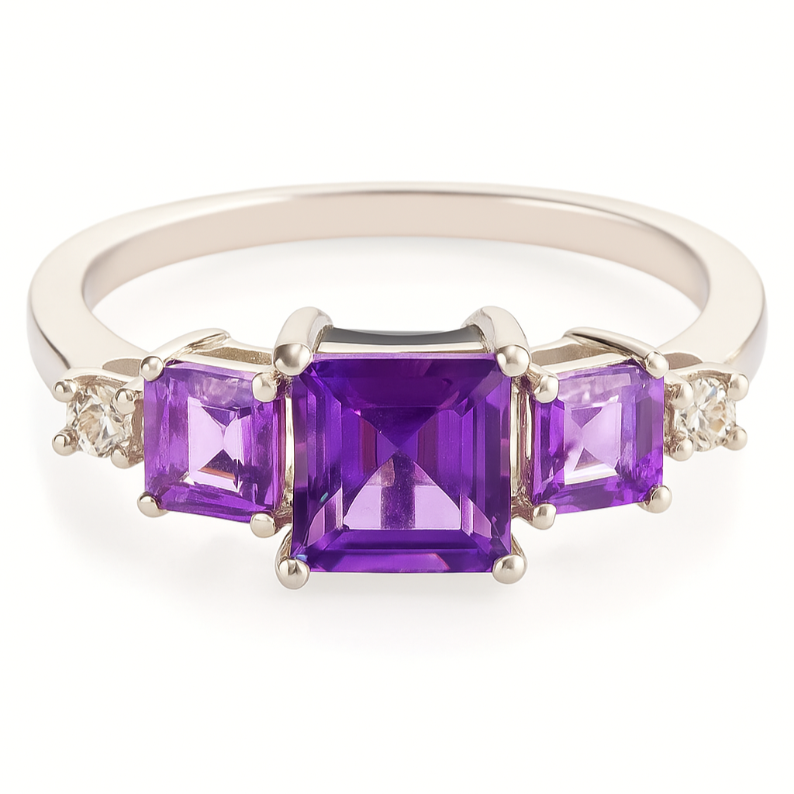 Silver Cipher Square cut Amethyst Three Stone Ring - GEMPARA