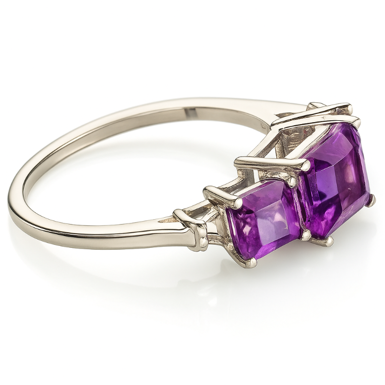 Silver Cipher Square cut Amethyst Three Stone Ring - GEMPARA