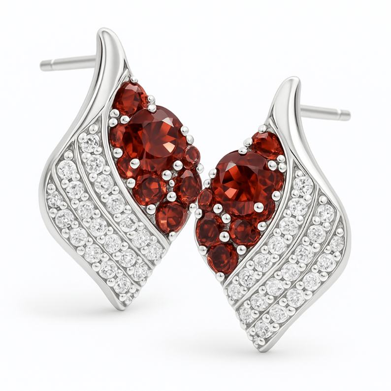 2CT Round Garnet Cluster leaf Studs - GEMPARA