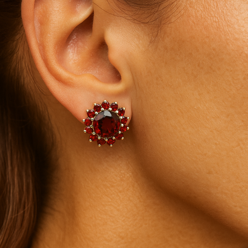 4CT Round Garnet Cluster Studs - GEMPARA