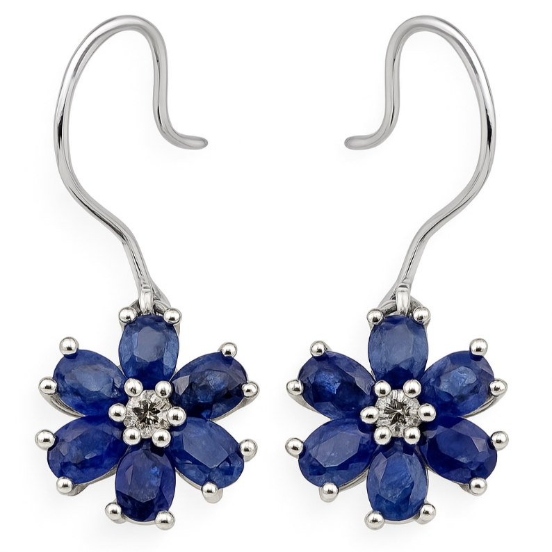 2CT Blue Sapphire Flower Drop Earrings – Elegant Floral Design - GEMPARA