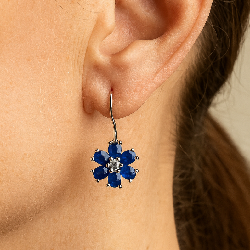 2CT Blue Sapphire Flower Drop Earrings – Elegant Floral Design - GEMPARA