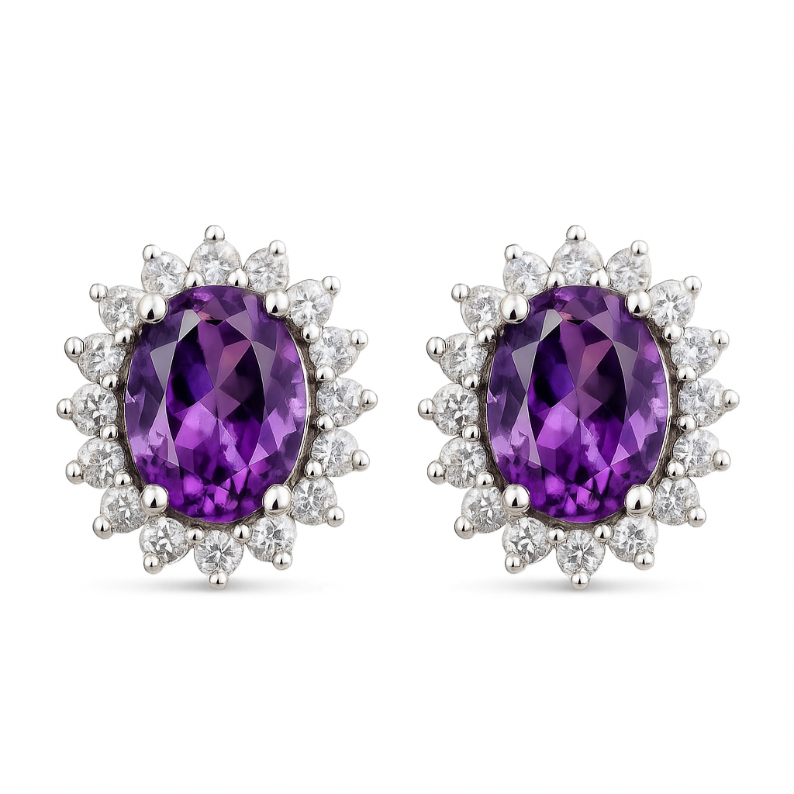 Oval Amethyst Halo Studs - GEMPARA