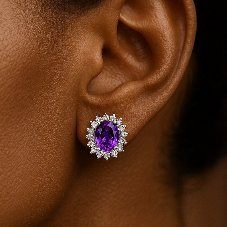 Oval Amethyst Halo Studs - GEMPARA
