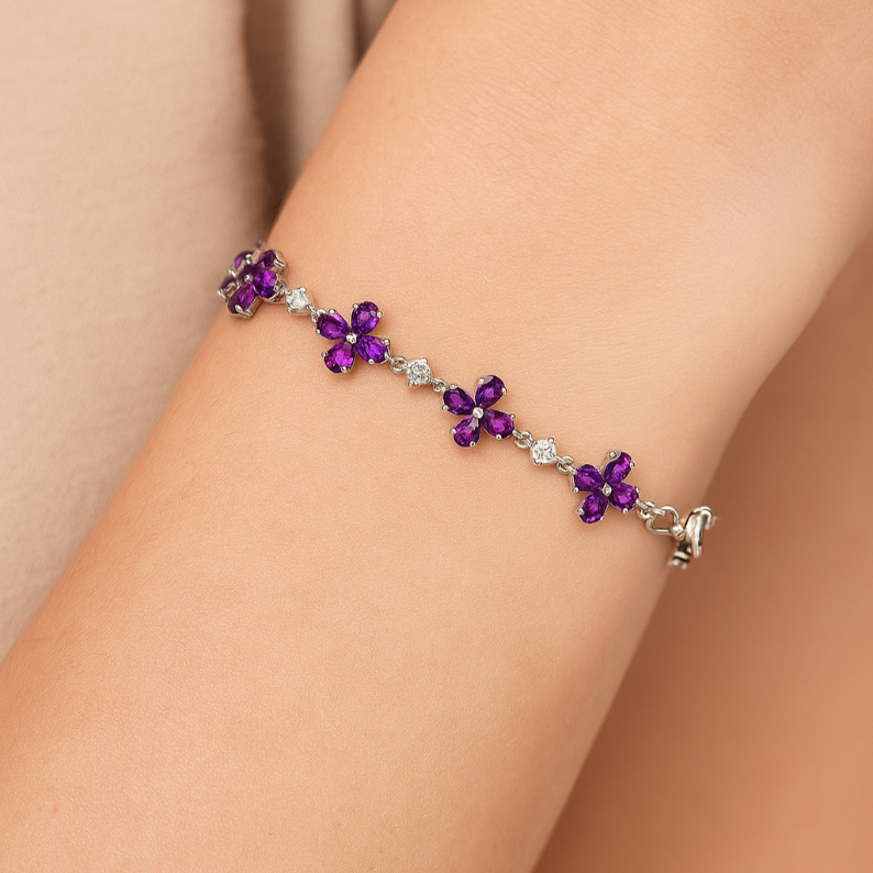 Pear cut Amethyst Clematis flower Bracelet - GEMPARA