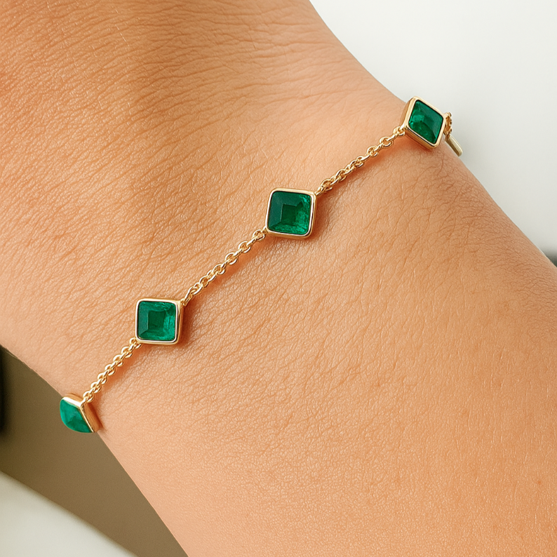 Emerald Square-Cut Link Chain Bracelet - GEMPARA