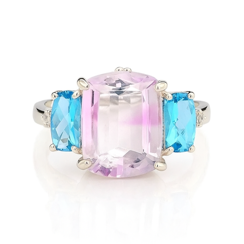 2CT Pink Amethyst Fancy Cushion Three Stone Ring - GEMPARA