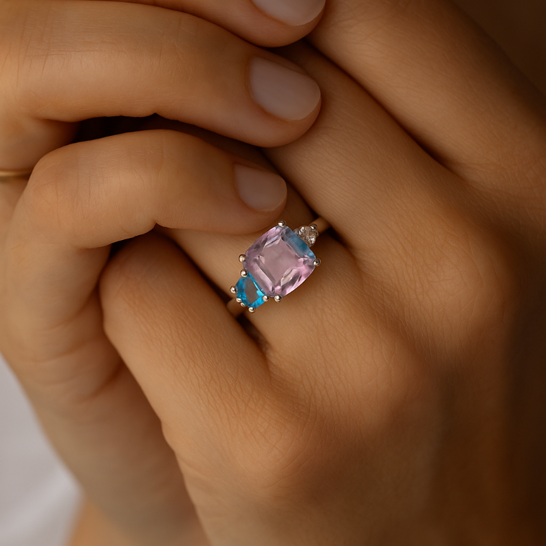 2CT Pink Amethyst Fancy Cushion Three Stone Ring - GEMPARA