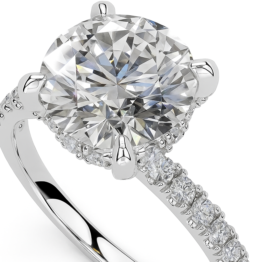 Classic Pave Band with Round Cut Natural Diamond Solitaire Ring