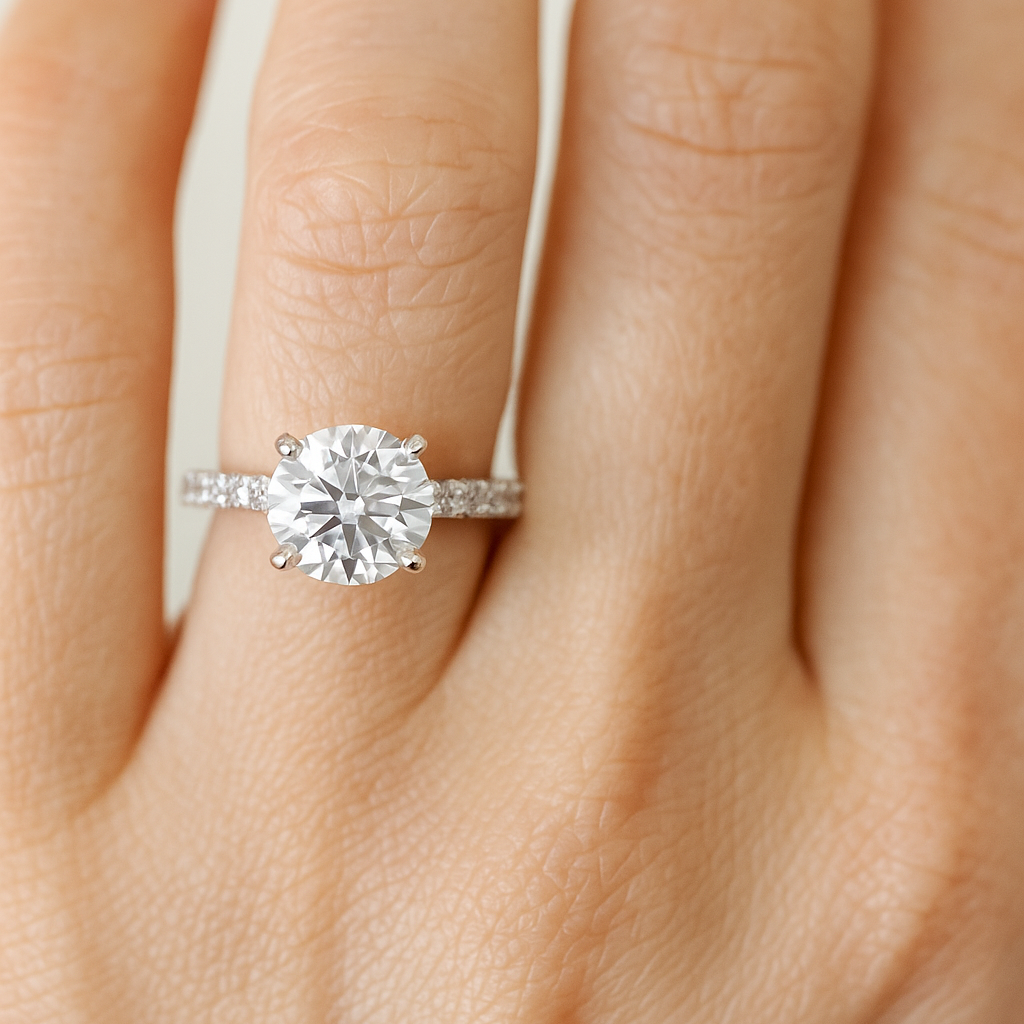 Classic Pave Band with Round Cut Natural Diamond Solitaire Ring