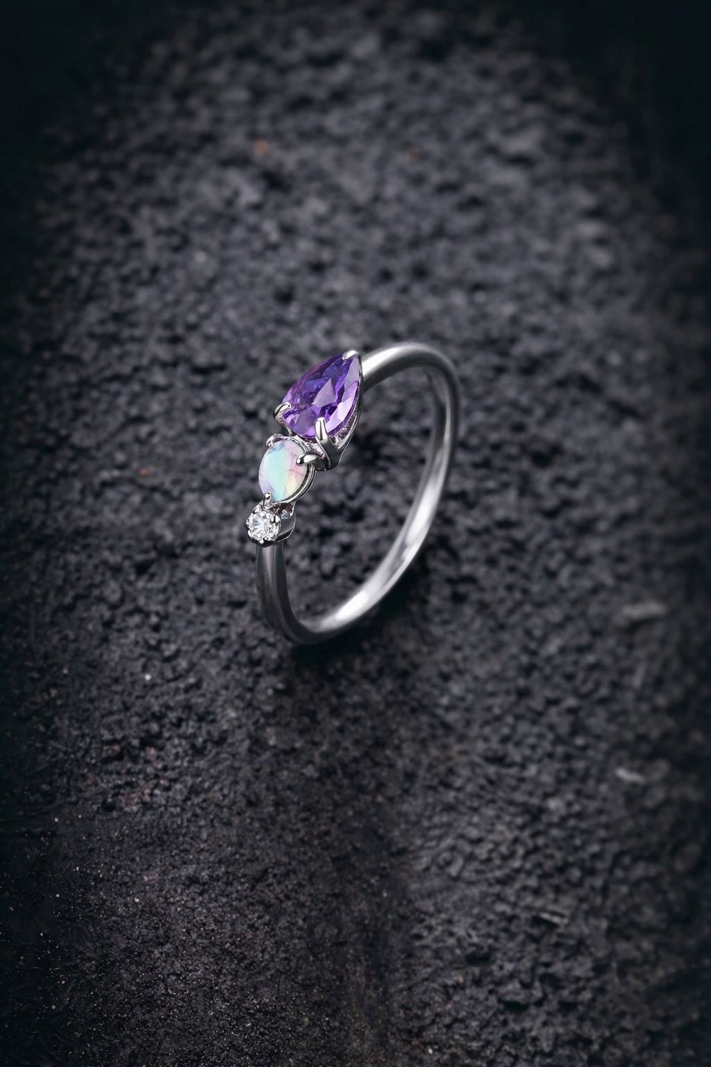 925 sterling silver Vintage Natural Amethyst Opal and Moissanite Ring - GEMPARA