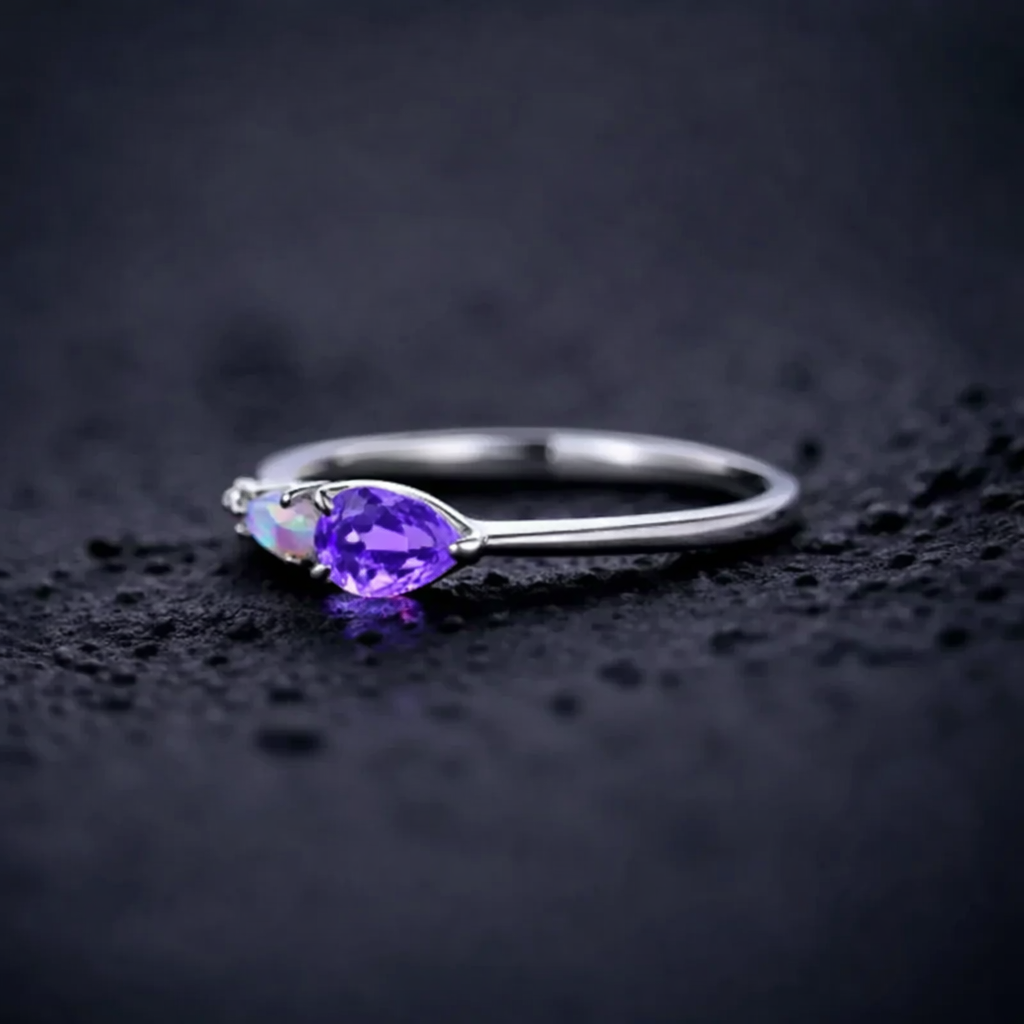 925 sterling silver Vintage Natural Amethyst Opal and Moissanite Ring - GEMPARA