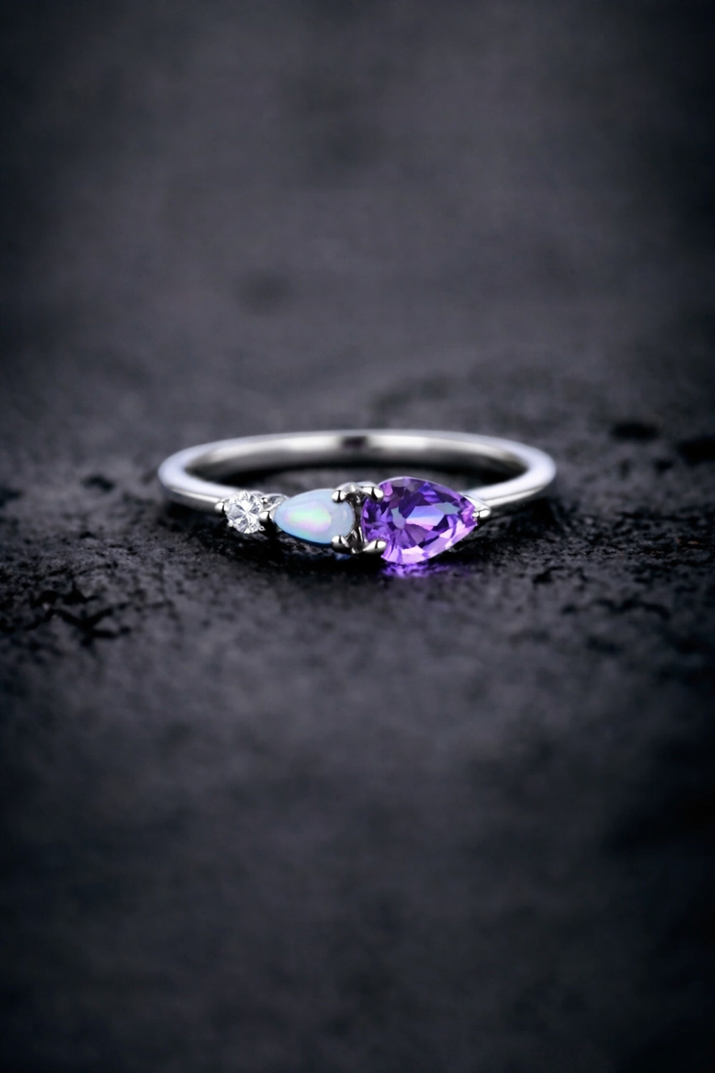 925 sterling silver Vintage Natural Amethyst Opal and Moissanite Ring - GEMPARA