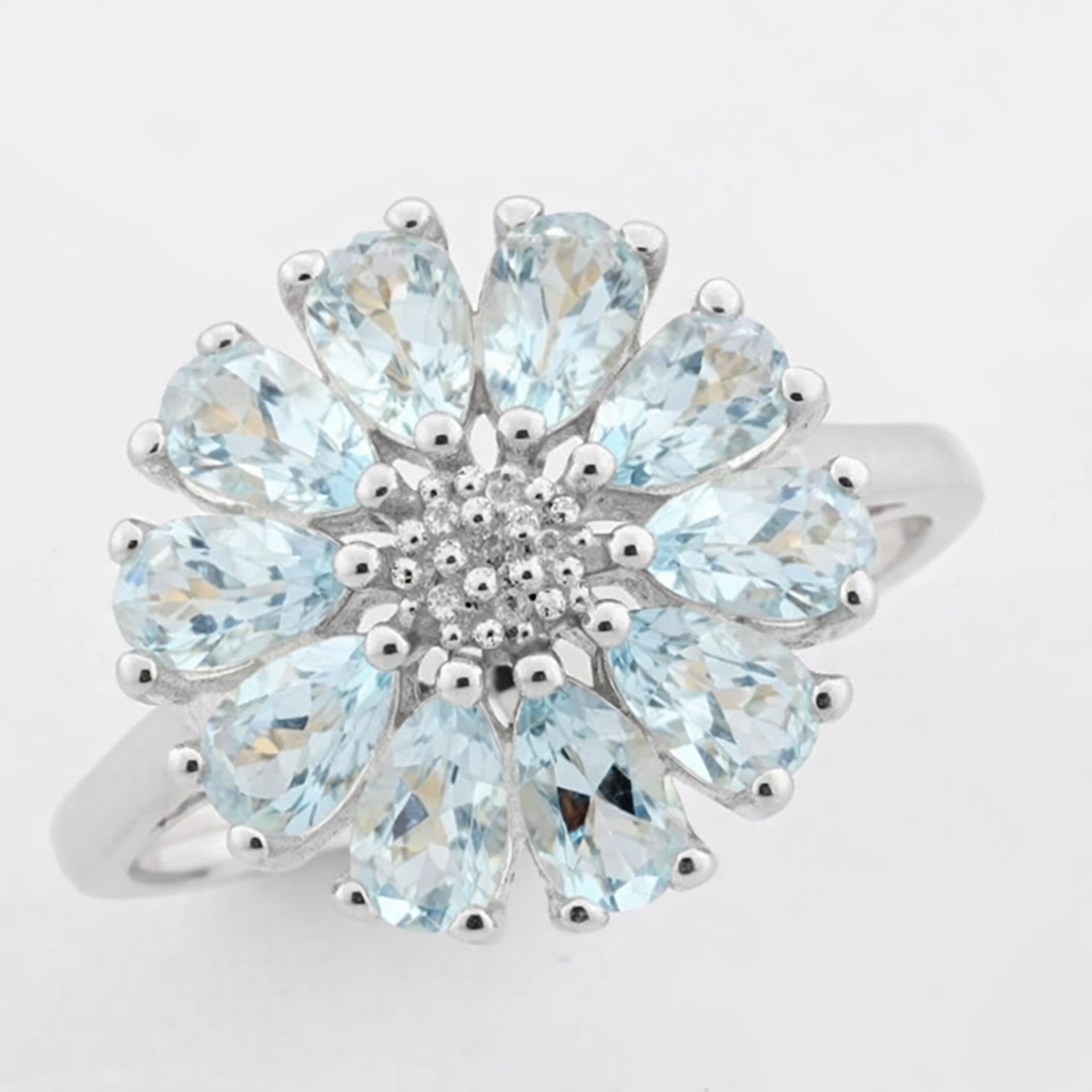 925 sterling silver Pear Aquamarine Floral Ring - GEMPARA