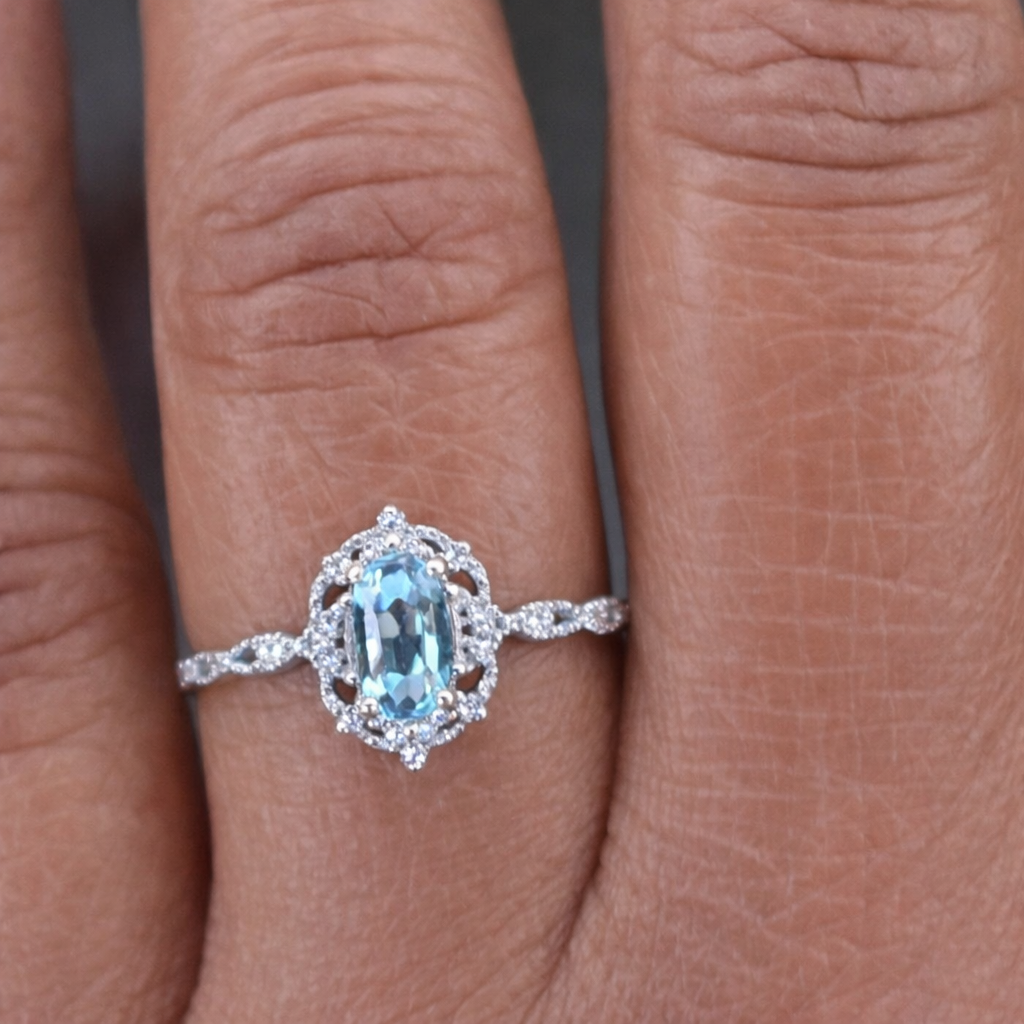 925 sterling silver Victorian Natural Aquamarine Engagement Ring - GEMPARA