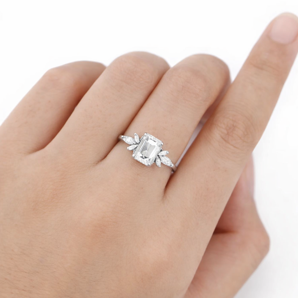 925 sterling silver Vintage Emerald Cut Moissanite Engagement Ring - GEMPARA