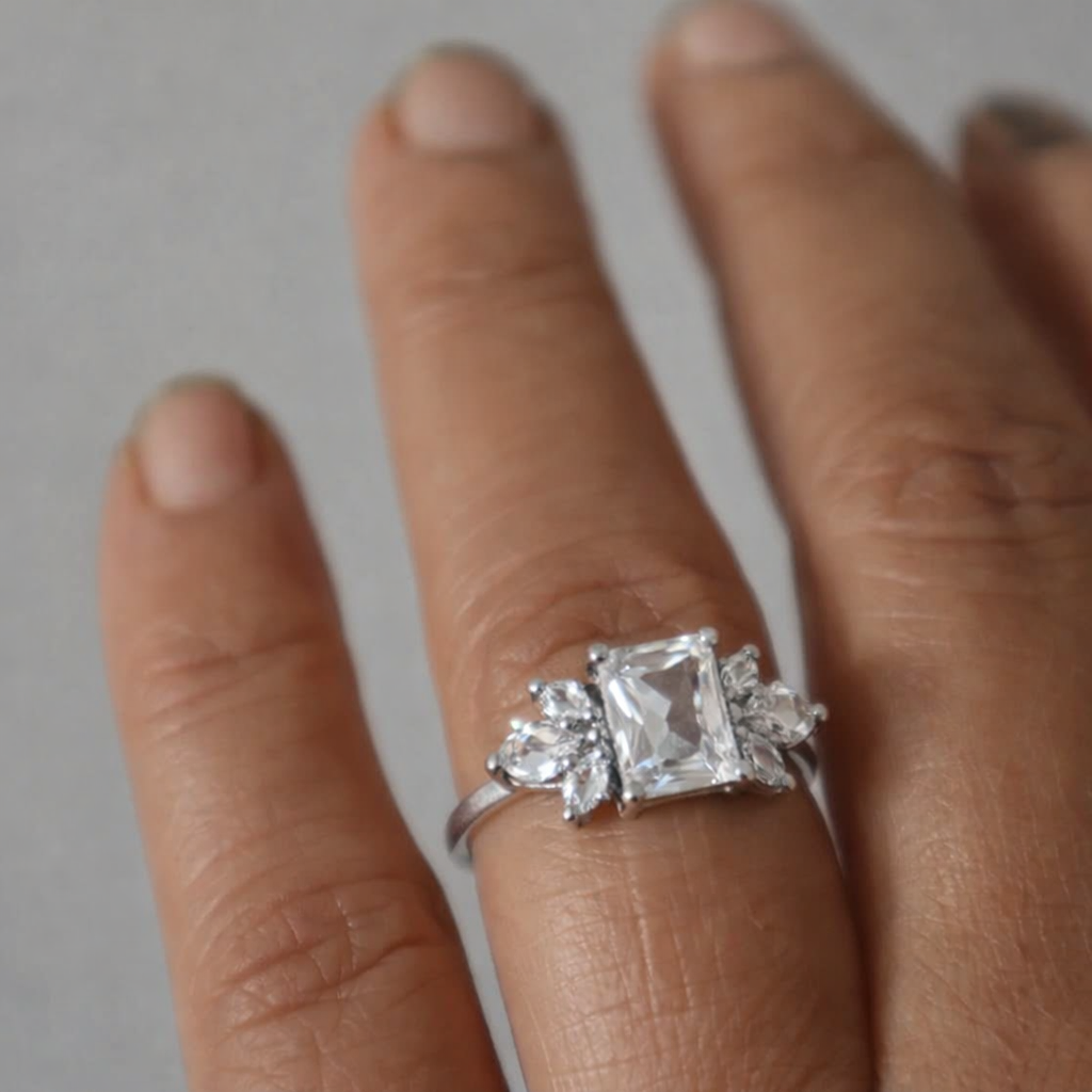 925 sterling silver Vintage Emerald Cut Moissanite Engagement Ring - GEMPARA
