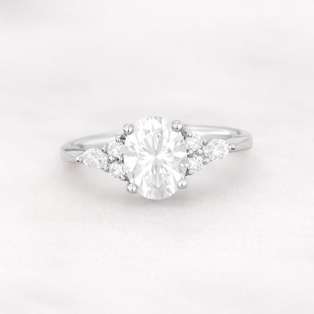 925 sterling silver Vintage 3ct Oval Moissanite Cluster Engagement Ring - GEMPARA