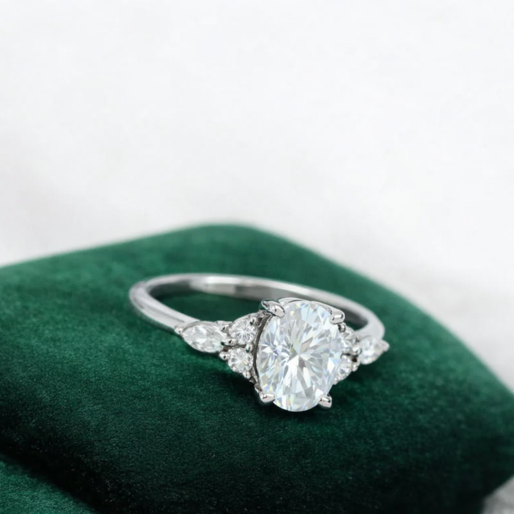 925 sterling silver Vintage 3ct Oval Moissanite Cluster Engagement Ring - GEMPARA