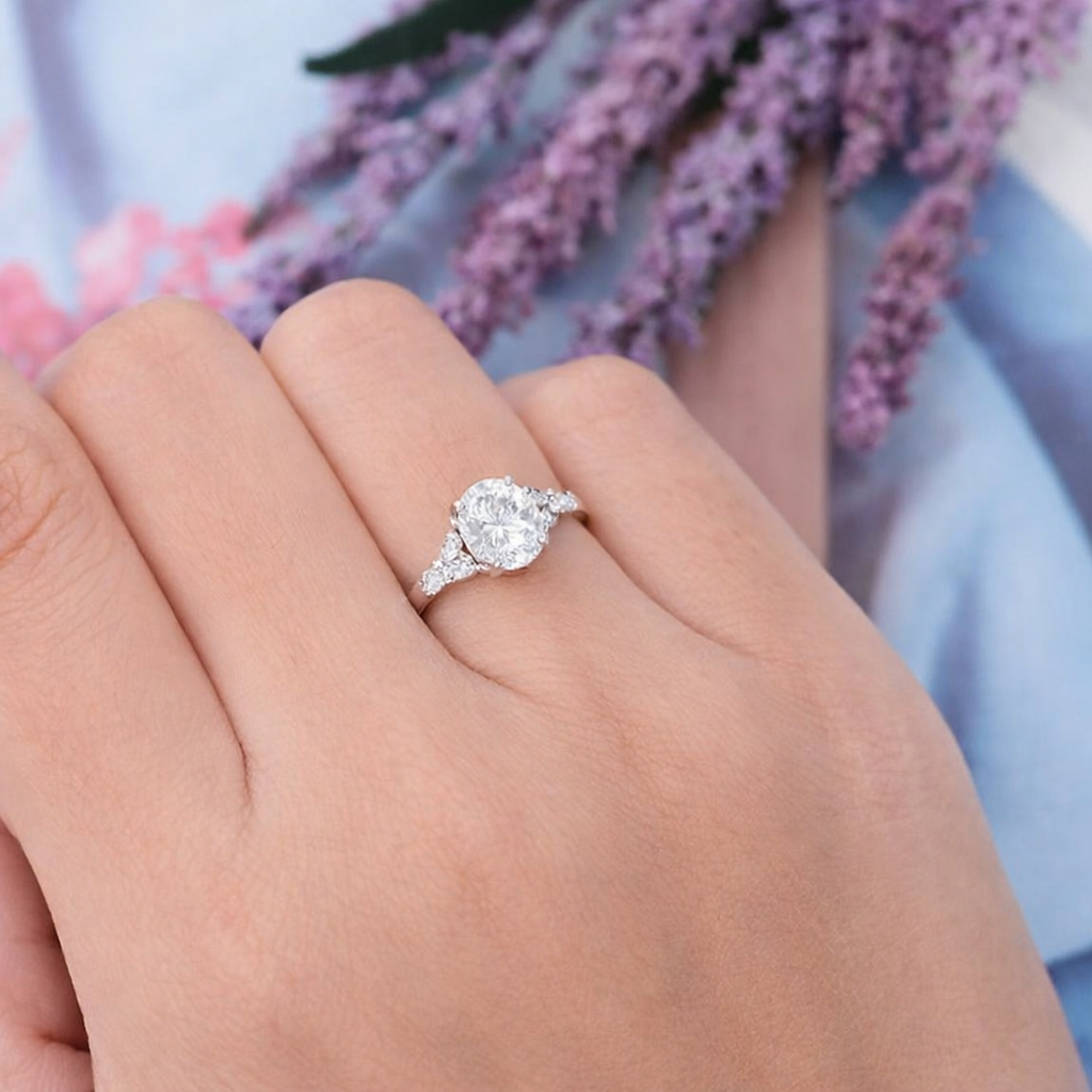 925 sterling silver Vintage 3ct Oval Moissanite Cluster Engagement Ring - GEMPARA