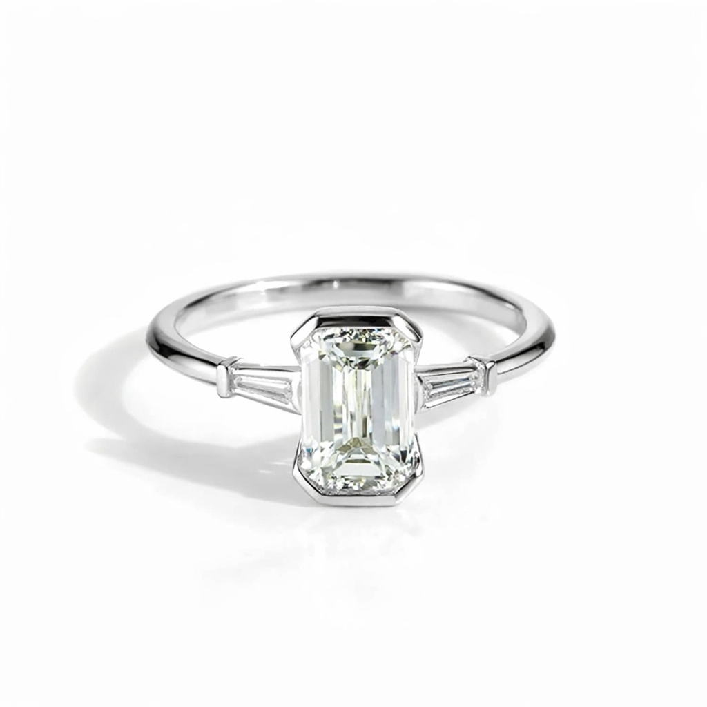 Emerald Cut Moissanite Engagement Ring, Baguette Side Stones, 925 Sterling Silver - GEMPARA