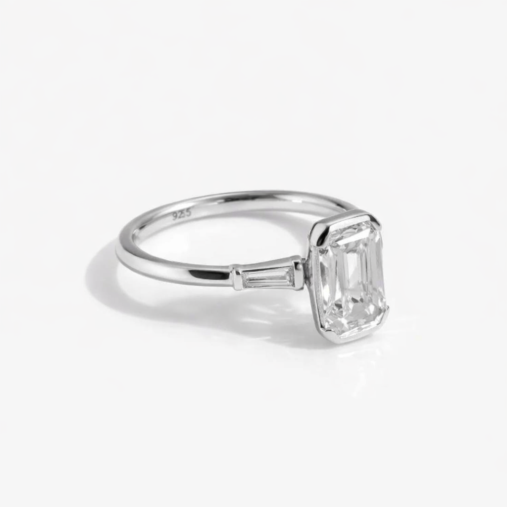Emerald Cut Moissanite Engagement Ring, Baguette Side Stones, 925 Sterling Silver - GEMPARA