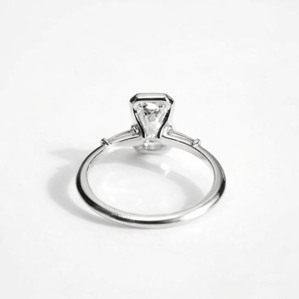 Emerald Cut Moissanite Engagement Ring, Baguette Side Stones, 925 Sterling Silver - GEMPARA