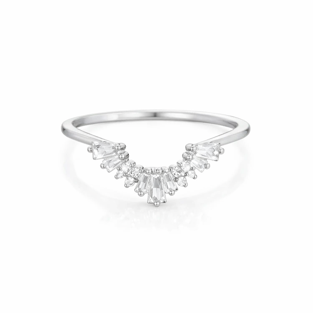 925 Sterling Silver Baguette Moissanite Wedding Band: Curved - GEMPARA