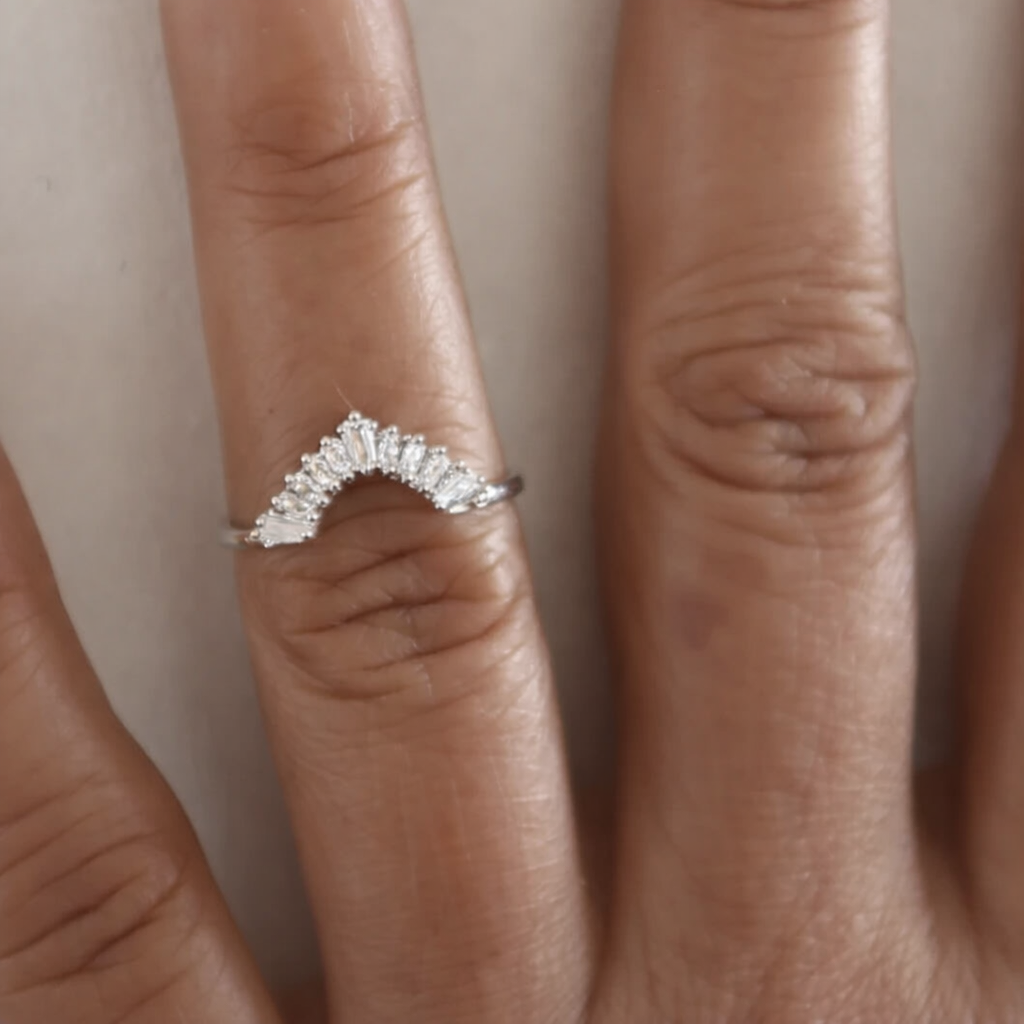 925 Sterling Silver Baguette Moissanite Wedding Band: Curved - GEMPARA