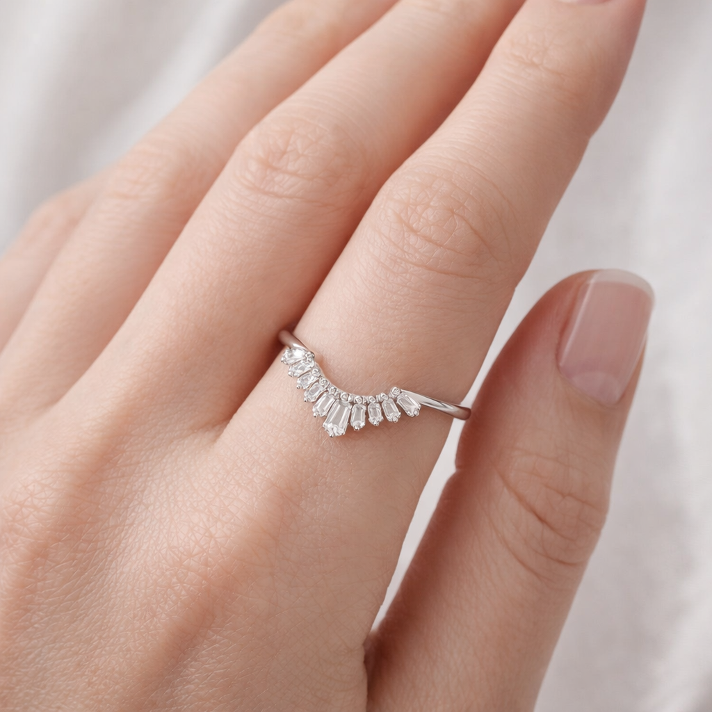 925 Sterling Silver Baguette Moissanite Wedding Band: Curved - GEMPARA
