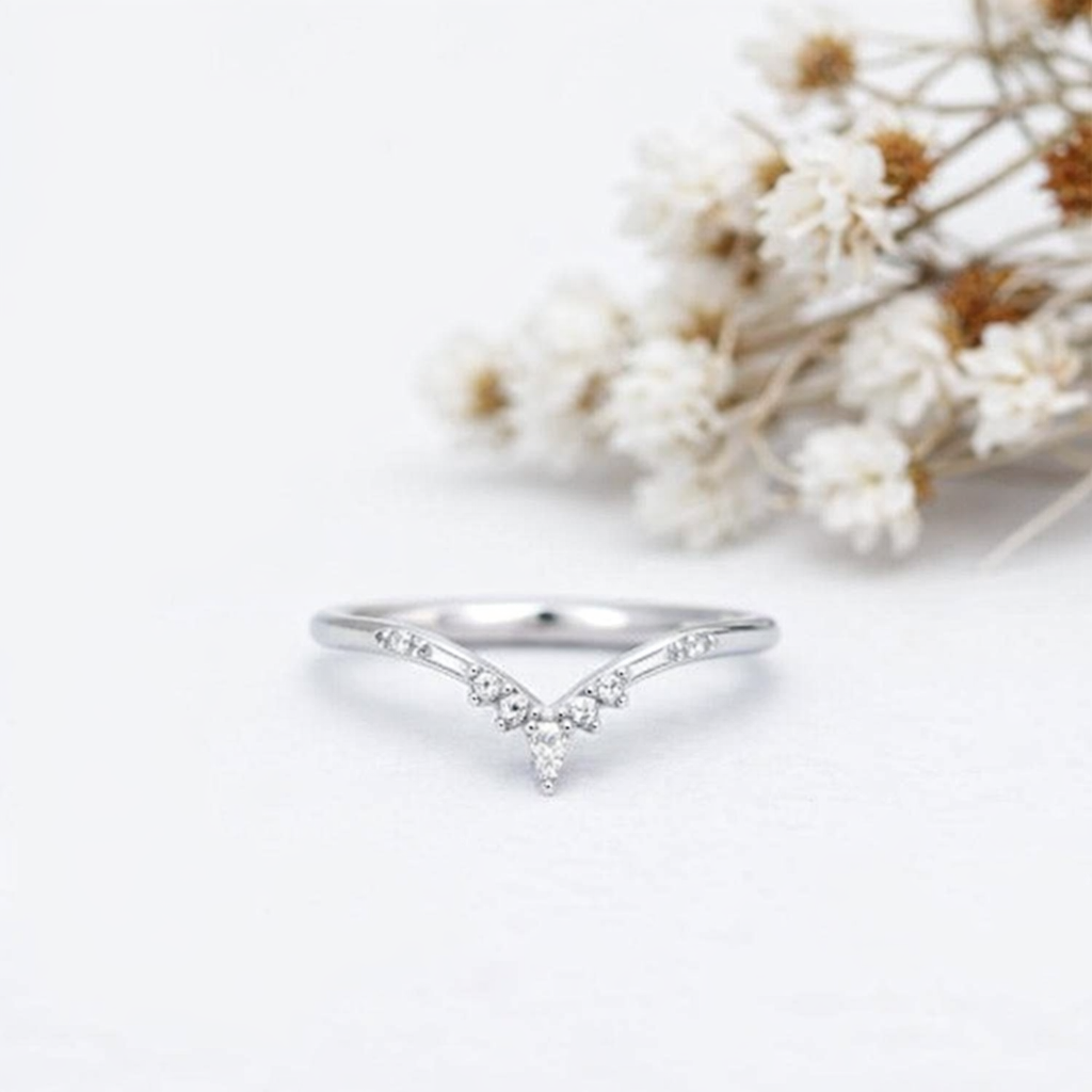 925 Sterling Silver Marquise Moissanite Chevron V Stacking Ring - GEMPARA