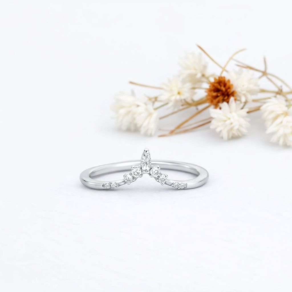 925 Sterling Silver Marquise Moissanite Chevron V Stacking Ring - GEMPARA