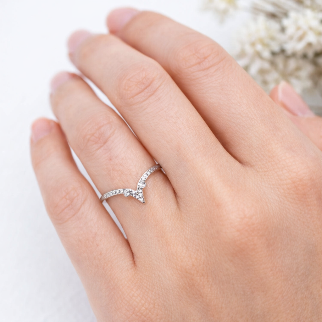 925 Sterling Silver Marquise Moissanite Chevron V Stacking Ring - GEMPARA