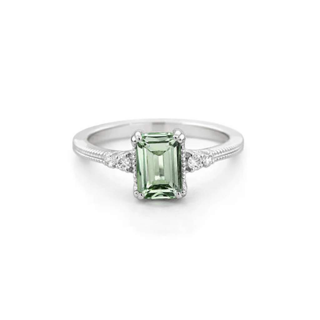 925 Sterling Silver Emerald Cut Prasiolite and Moissanite Engagement Ring- - GEMPARA
