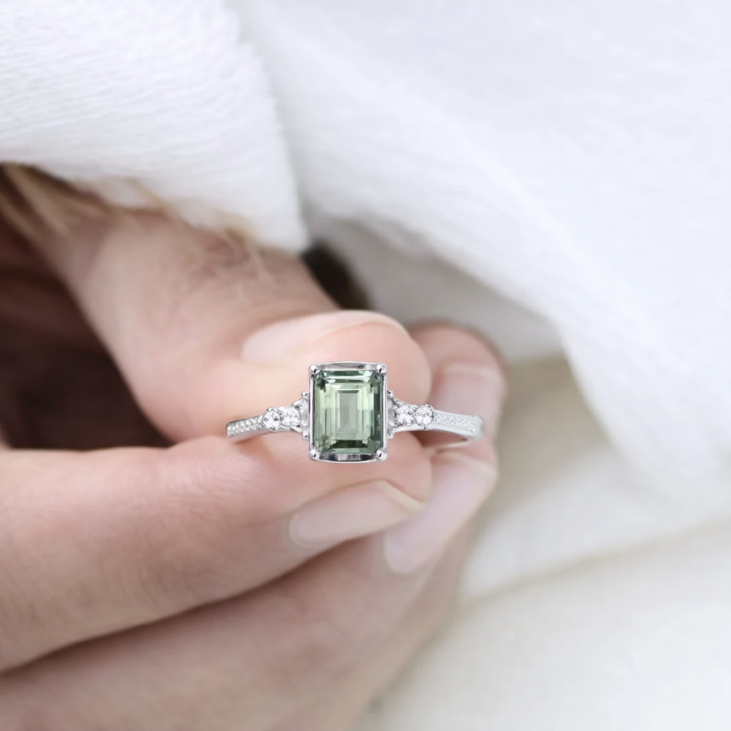 925 Sterling Silver Emerald Cut Prasiolite and Moissanite Engagement Ring- - GEMPARA